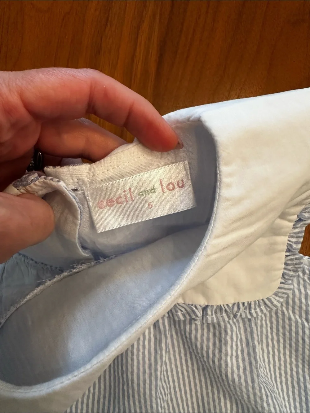 Cecil and Lou Monogrammed “bPq” Blue & White Seersucker Girls Dress size 5
